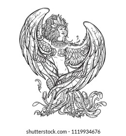 Sirin - half-woman half-bird in Russian myths and fairy tales. Singing and laughing. Intricate linear drawing isolated on white background. Tattoo design. EPS10 vector drawing.