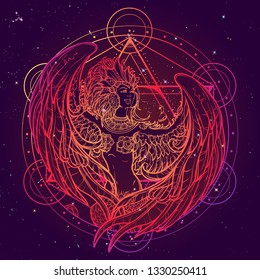 Sirin - half-woman half-bird in Russian myths and fairy tales. Singing and laughing. Intricate linear drawing isolated on occult nightsky background. Tattoo design. EPS10 vector drawing.