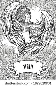 Sirin - half-woman half-bird in Russian myths and fairy tales. Singing and laughing. Intricate linear drawing on a decorative leafs background. Coloring book page. Tattoo design. EPS10 vector drawing.