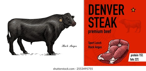 Sirloin steak banner in Vintage style. Hand drawn Cow poster. Farm cattle bulls. Slice of meat tenderloin. Engraved hand drawn Line art. Monochrome sketch.