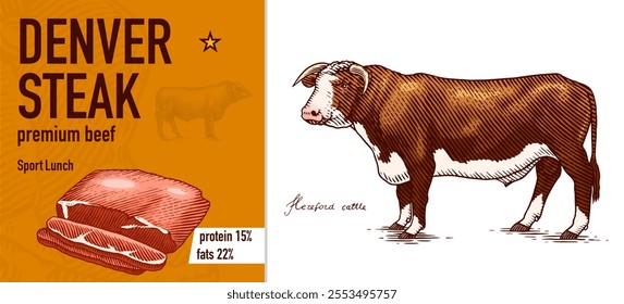 Sirloin steak banner in Vintage style. Hand drawn Cow poster. Farm cattle bulls. Slice of meat tenderloin. Engraved hand drawn Line art. Monochrome sketch.