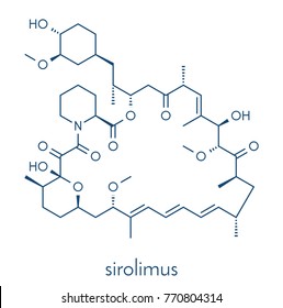 Sirolimus (rapamycin) immunosuppressive drug molecule. Used to prevent transplant rejection and in coronary stent coating. Skeletal formula.