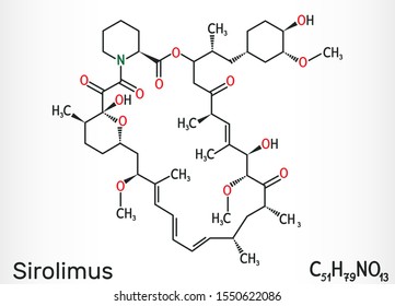 Sirolimus or rapamycin molecule. is a macrolide compound with immunosuppressant functions.  Structural chemical formula. Vector illustration