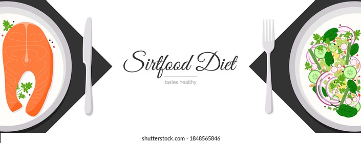 Sirtfood diet tastes healthy blog header banner. Plated meal - salmon steak and salad with spinach, cucumber slices, onion. Healthy Adele sirtuin protein weight loss diet. Skinny gene turn on.