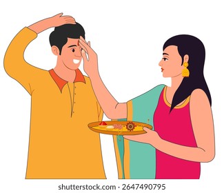 sister applying a tilak to her brother on occasion of raksha bandhan or bhai dooj festival vector illustration	