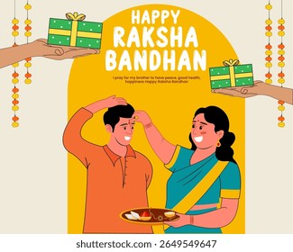 irmã aplicando uma tilak a seu irmão com presentes por ocasião do raksha bandhan festival mídia social post vetor ilustração