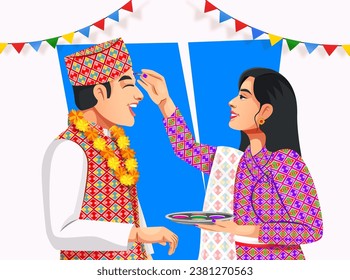 Sister applying tilak on forehead to brother on Bhai Tika or Raksha Bandhan. People in Nepali ethnic clothes