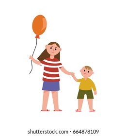 Sister with balloon holding her little brothers hand cartoon characters vector Illustration