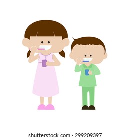 Sister and brother brushing teeth