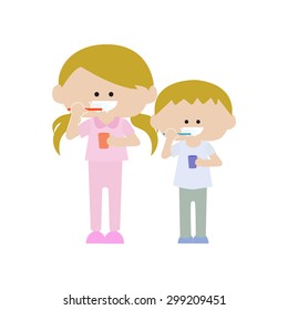 Sister and brother brushing teeth
