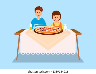 Sister and Brother Eating Dinner Flat Illustration. Cartoon Siblings Posing for Photo in Pizzeria. Friends Ordering Large Pepperoni, Margarita. Children Sitting at Cafeteria Table Front View