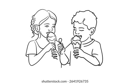 Sister and brother eating ice cream, continious line drawing. Summer holidays outline. Vector illustration