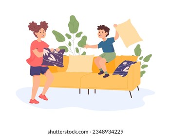 Sister and brother fighting with pillows vector illustration. Pillow fight, boy and girl having fun together at home, lifelong bond between siblings. Family, communication, entertainment concept