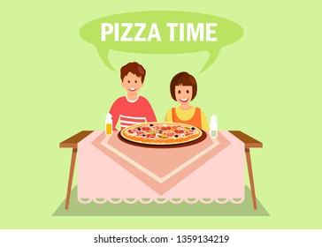 Sister and Brother Having Dinner Flat Illustration. Siblings Posing for Photo in Restaurant. Classmates Having Lunch in Pizzeria. Pink Vintage Cartoon Tablecloth. Smiling Boy and Girl Characters