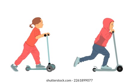 Sister and brother riding scooter vector illustration. Kids on kick board enjoying together. Little girl and boy active outdoor fun entertainment. Children roller sport. Friends rent electric scooter.