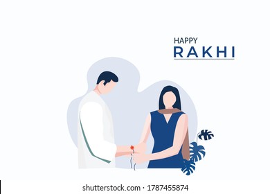 A sister with a deep blue top  tying a rakhi to her brother wearing a white dress . Happy Rakhi Celebration concept or poster , banner , Greetings card vector of a brother and sister, 