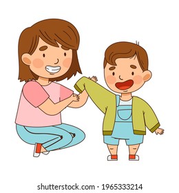 Sister Dressing Her Little Brother as Family Relations Vector Illustration