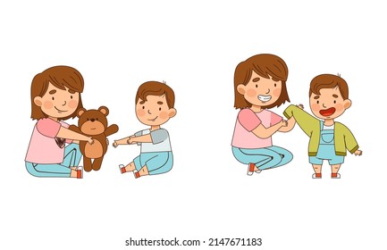 Sister Dressing Her Little Brother and Giving Him Teddy Bear as Family Relations Vector Illustration Set