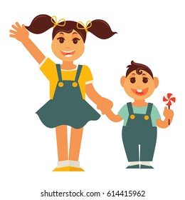 Sister girl and brother boy holding by hands vector flat family