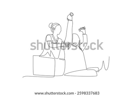 Sister helps elderly exercise in nursing home. Older adults in nursing homes concept one-line drawing