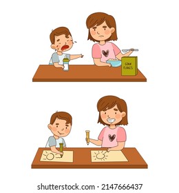 Sister with Her Little Brother at Table Drawing with Pencil and Eating Breakfast as Family Relations Vector Illustration Set