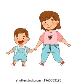 Sister Holding Her Little Brother by the Hand Walking as Family Relations Vector Illustration