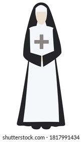 Sister of mercy. Nun in black. Nurse. Flat style. Vector illustration. Isolated on a white background