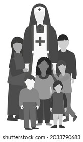 Sister of Mercy and orphans. World Orphans Day. Retro portrait. Group of multi-ethnic children standing with nun. Old photo Colorless vertical vector illustration. Isolated on white background