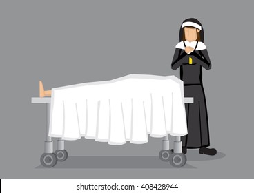 Sister nun in black religious habit standing and saying prayers by a dead body on death bed. Vector illustration on death concept in religious context isolated on grey background.