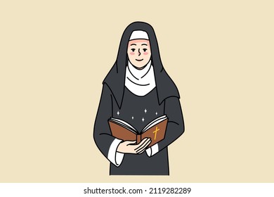 Sister nun in traditional clothes read bible in church. Happy catholic sister praying to God. Religion and faith concept. Prayer and believer. Flat vector illustration, cartoon character. 