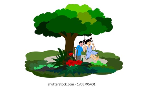 sister playing on swings with autistic brother - illustration