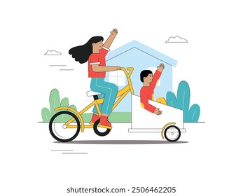 Sister riding a bicycle with a brother sitting on the front cart, playing together in the yard. Character design. Vector flat illustration