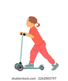 Sister riding scooter vector illustration. Kid on kick board enjoying after school. Little girl and active outdoor fun entertainment. Children roller sport. Rent electric scooter. Girl enjoy outdoor.