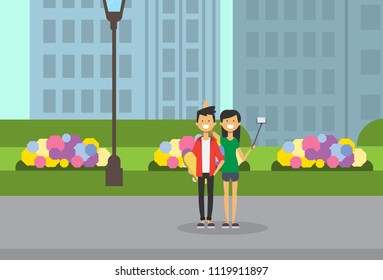 sister selfie stick hold horns brother skateboard full length avatar over city park street lamp green lawn flowers cityscape template background flat vector illustration