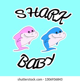 Sister shark and brother shark. pink and blue sea animals. vector Shark Family - T-Shirts, Hoodie, Tank, gifts. Vector illustration