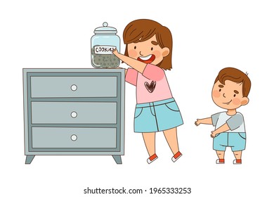 Sister Taking Jar with Cookies for Her Little Brother as Family Relations Vector Illustration