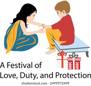 A sister ties a rakhi on her brother's wrist, symbolizing love, duty, and protection in the Raksha Bandhan festival, with gifts in the background.
