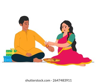 sister tying a rakhi on her brother’s wrist celebrating raksha bandhan festival vector illustration	
