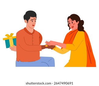 sister tying a rakhi on her brother’s wrist celebrating brother and sister festival raksha bandhan vector illustration
