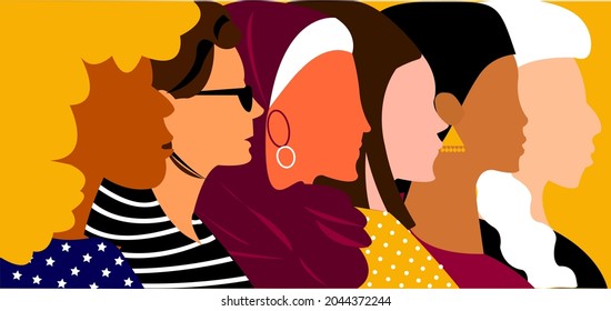 Sisterhood, bond, diversity, inclusion and togetherness without any difference. Side face of group of woman and girls, diverse and form various culture.