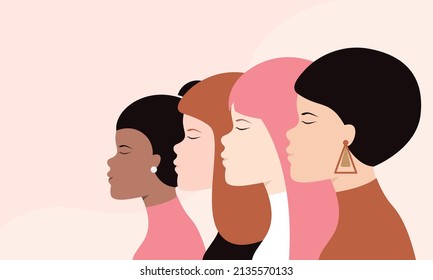 Sisterhood. Concept of female community. Vector illustration. Four women with different ethnicity and style standing together