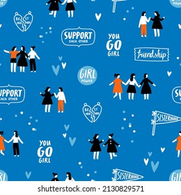 Sisterhood and friendship illustration, girls hanging out, supporting each other and having fun, doodle vector seamless pattern