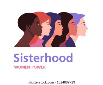 Sisterhood. Profiles of women of different nations. International Women's Day. Vector flat illustration