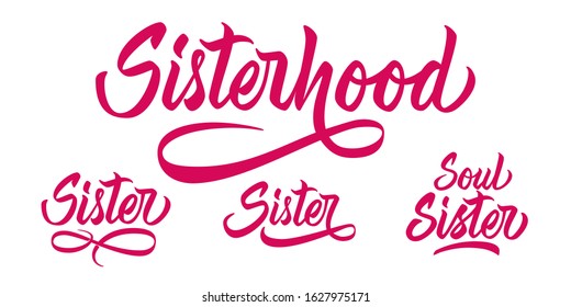 Sisterhood, Sister, Soul Sister - hand lettering inscription with rays on pink background for banners, posters, t-shirts, bags, mugs, cards, posters. Vector. svg