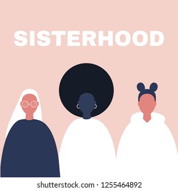 Sisterhood. Woman, girl. Gender equality. Feminism. Set of female portraits. Flat editable vector illustration, clip art.