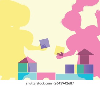 Sisters or baby girls playing with cubes, silhouette vector stock illustration from Authentic Family