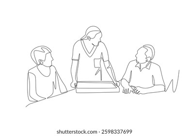 Sisters feed the elderly in a nursing home. Older adults in nursing homes concept one-line drawing