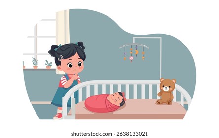 sisters girl is looking at the newborn baby vector cartoon illustration