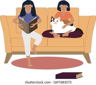 Sisters girls reading book and sitting on sofa with cat cartoon vector illustration.