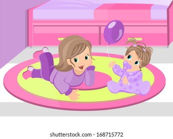 Sisters playing in the room for the kids / Girl and baby